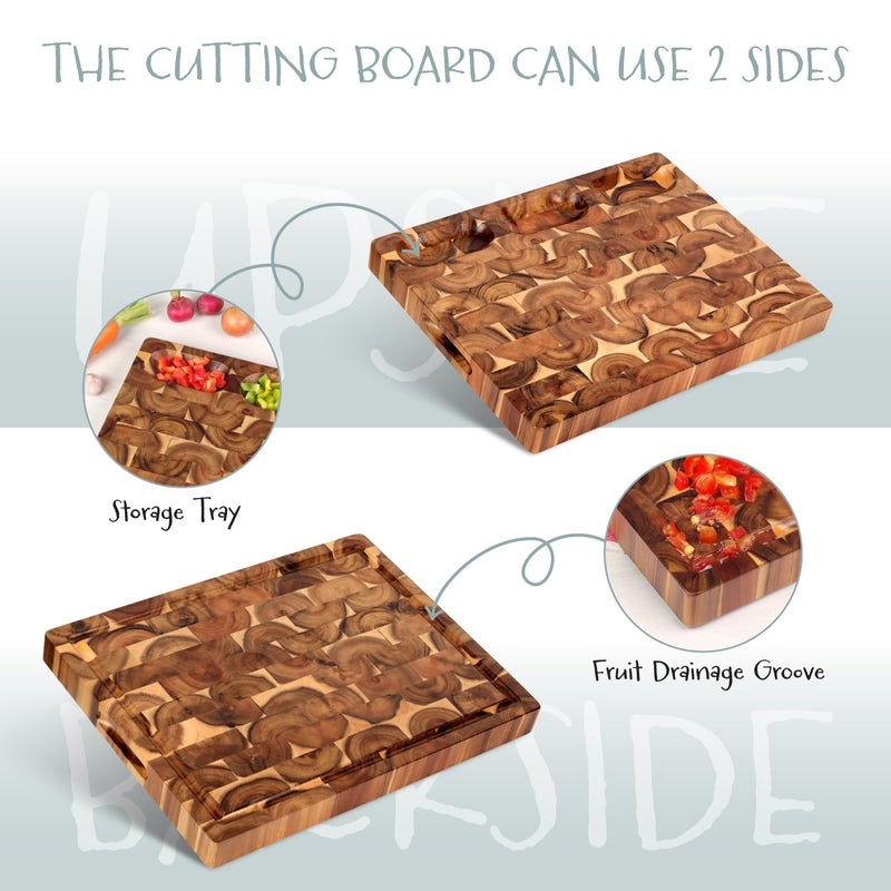 FANICHI Acacia End Grain Cutting Board (17x13x1.5in), Butcher Block - Reversible Multipurpose Chopping Board with Juice Groove, Cracker Holder & Inner Handles - Image 2